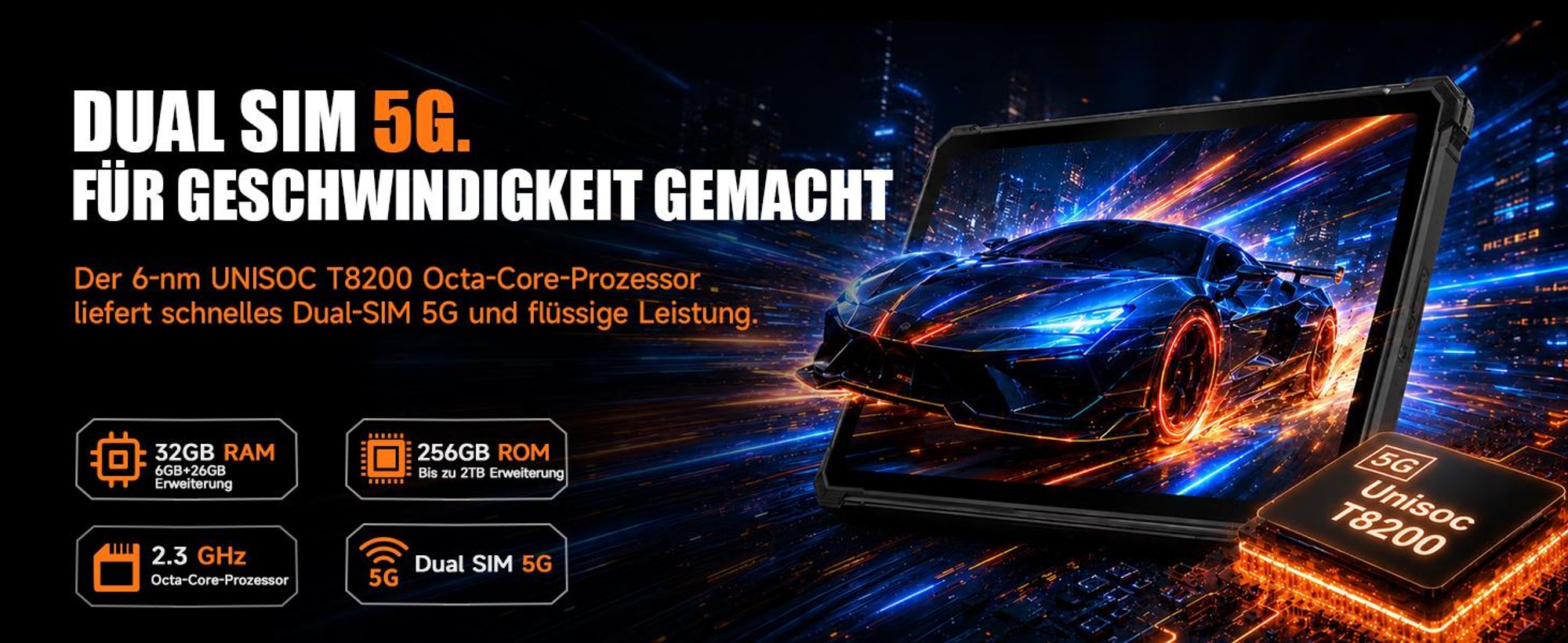 RUGTAKE T5 Pro Outdoor Tablet 5G Android 16 - 32GB+256GB - 20080mAh 11" 120Hz 2K 64MP+20MP Nachtsicht Rugged Tablet Gemini AI/Widevine L1, Orange