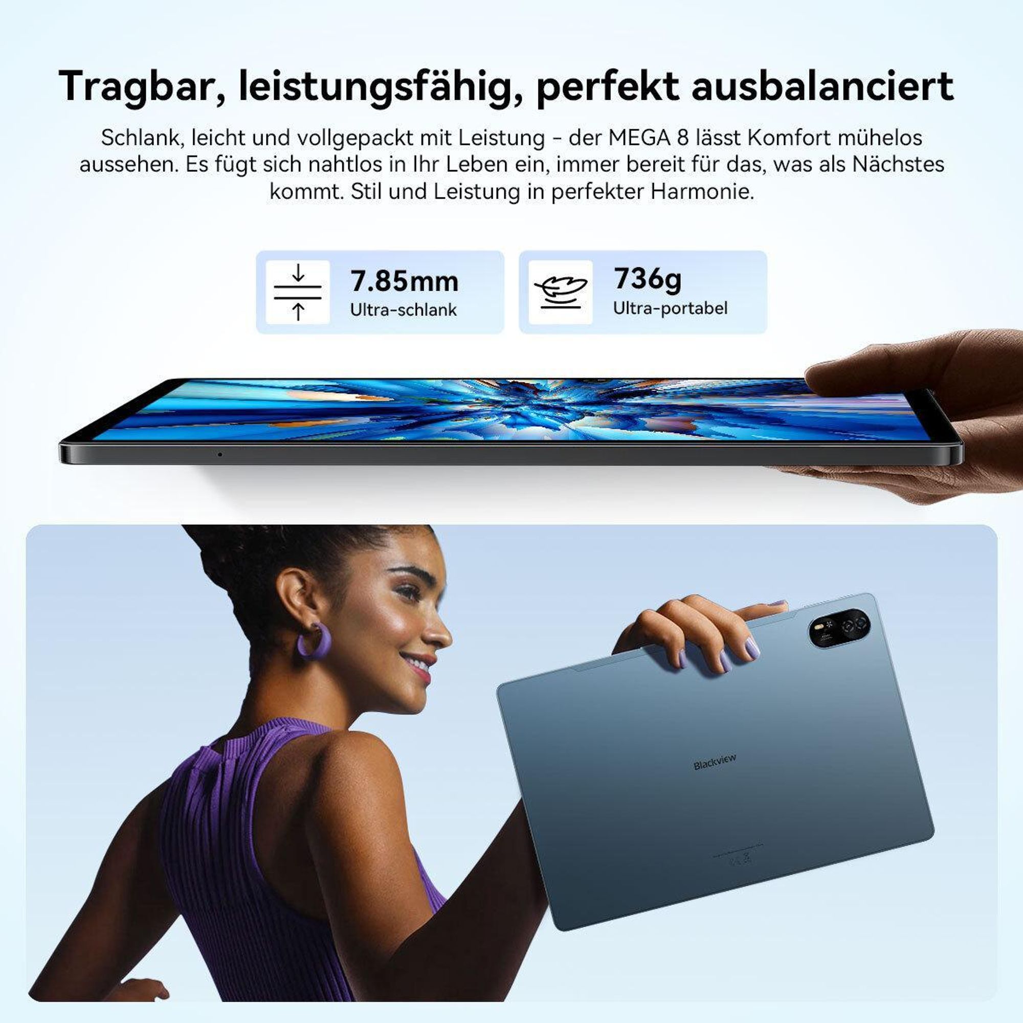 Blackview Mega8, 13 Zoll, Dual 4G LTE+5G WiFi, Android 16, mit 36GB(12+24) RAM+256GB ROM(2TB TF), 2K FHD Display, Octa Core T620, 1100mAh