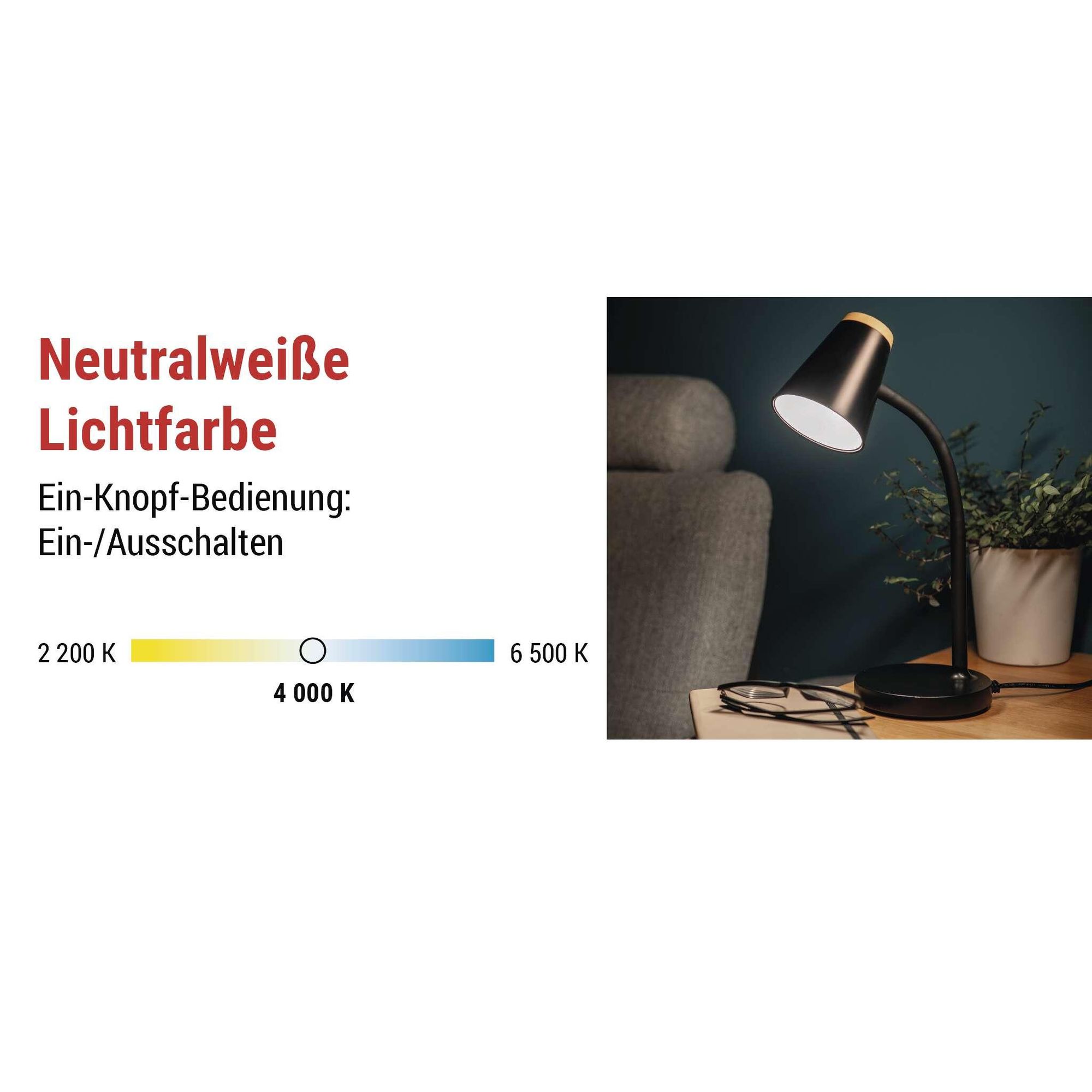 EMOS LED Tischlampe TARA 4,5 W, 280lm, Neutralweiß 4000K, flexibel mit Netzkabel 1,6m, Euro-Stecker, CRI Ra>85, Leuchtdauer 30000 h, Schwarz, Z7641B