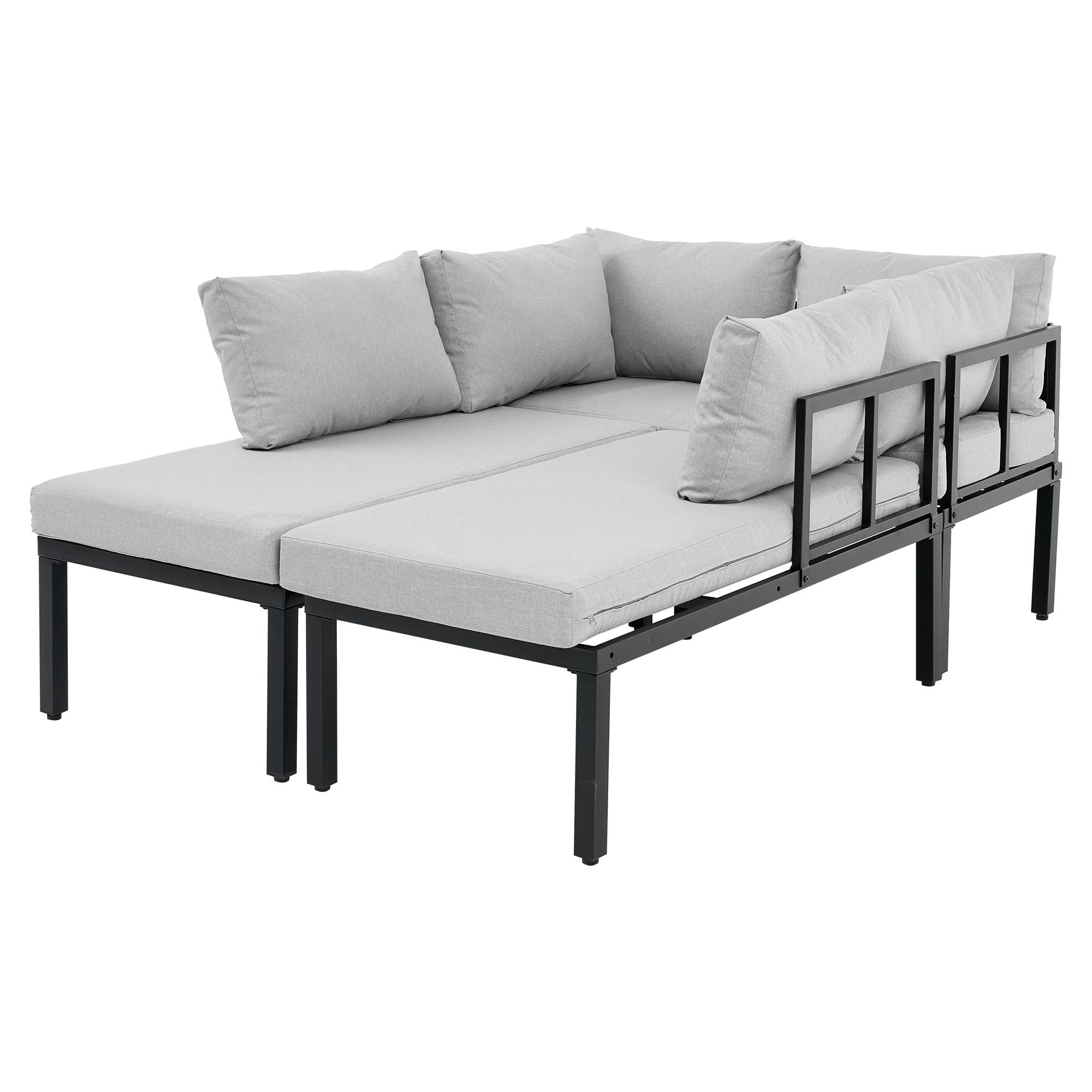 Flieks Gartenloungeset 6 Sitzer, Gartensofa mit abnehmbaren Rückenlehnen, Gartenmöbelset mit Esstisch für 6 Personen, Sofagarnitur Gartengarnitur Grau