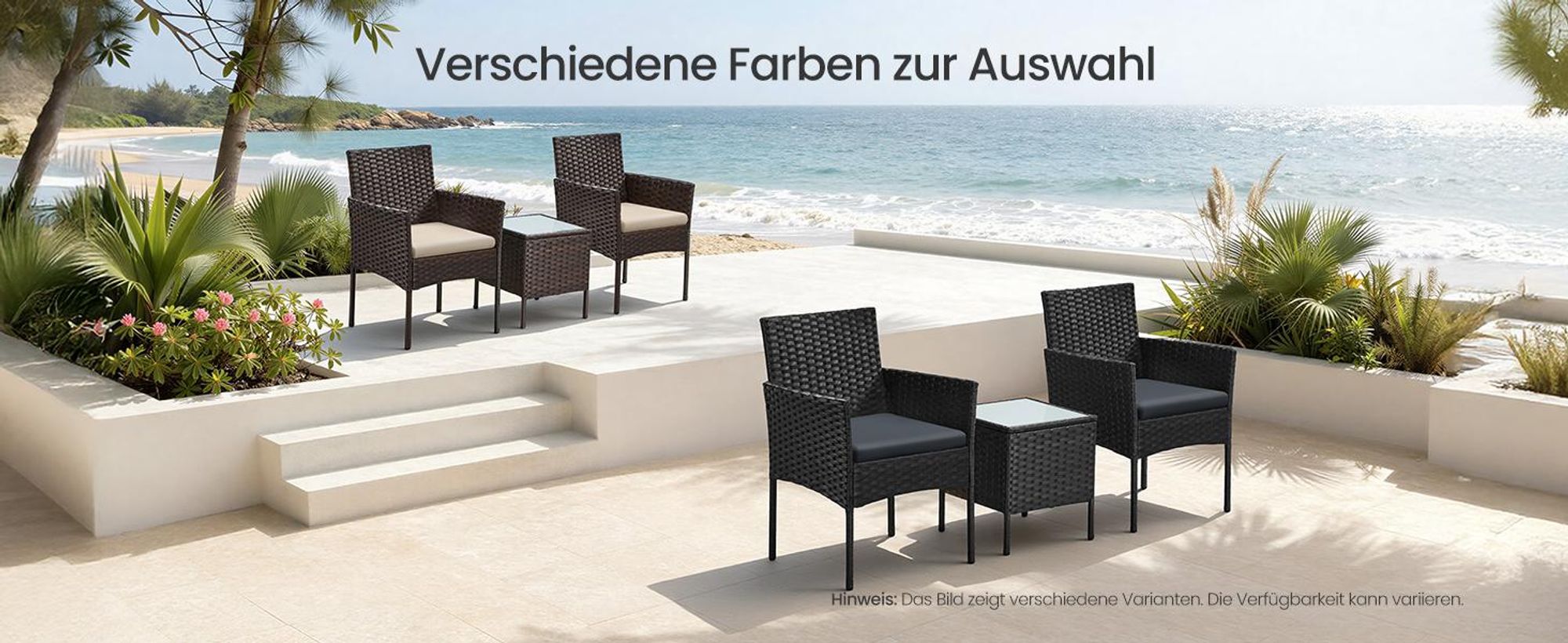 SONGMICS (3-tlg) Balkonmöbel, Gartenlounge-Set, aus PE-Polyrattan, Tisch und 2 Stühle, schwarz-grau