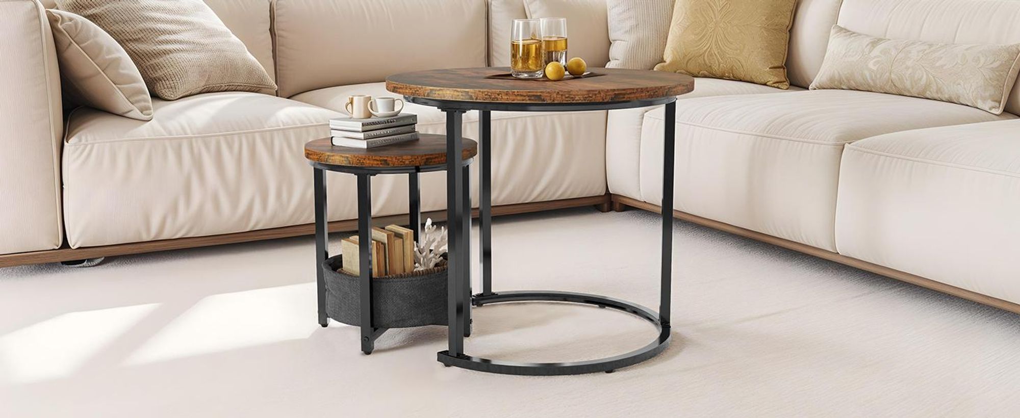YITAHOME 2 tlg. Couchtisch Rund Nisttisch set Beistelltisch Wohnzimmertisch, 60 cm + 38 cm, Braun