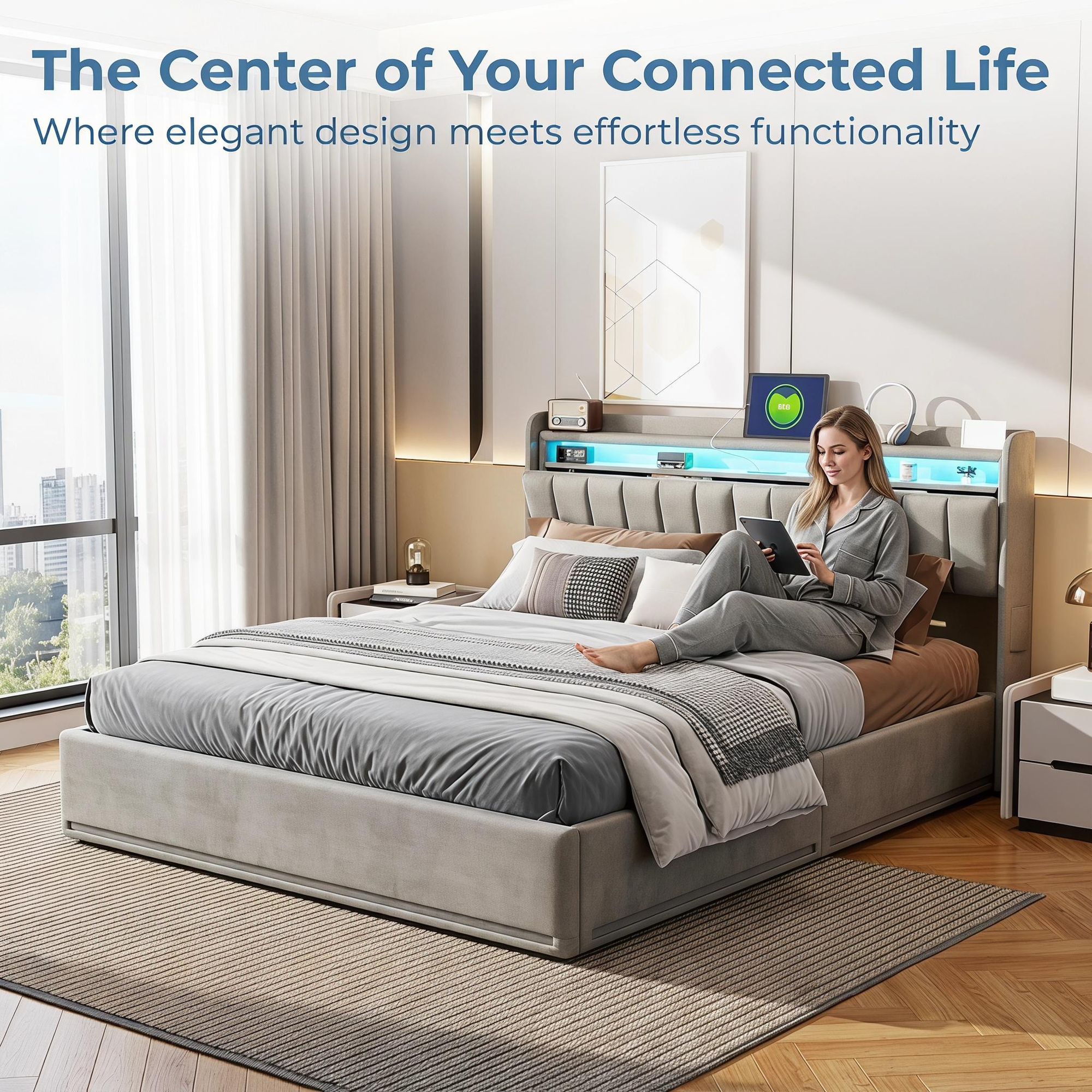 INONEFT Polsterbett Boxspringbett 140x200 cm mit LED & USB Bettgestell mit Lattenrost und Stauraum,Doppelbett mit Bettkasten,Samt Grau,Ohne Matratze
