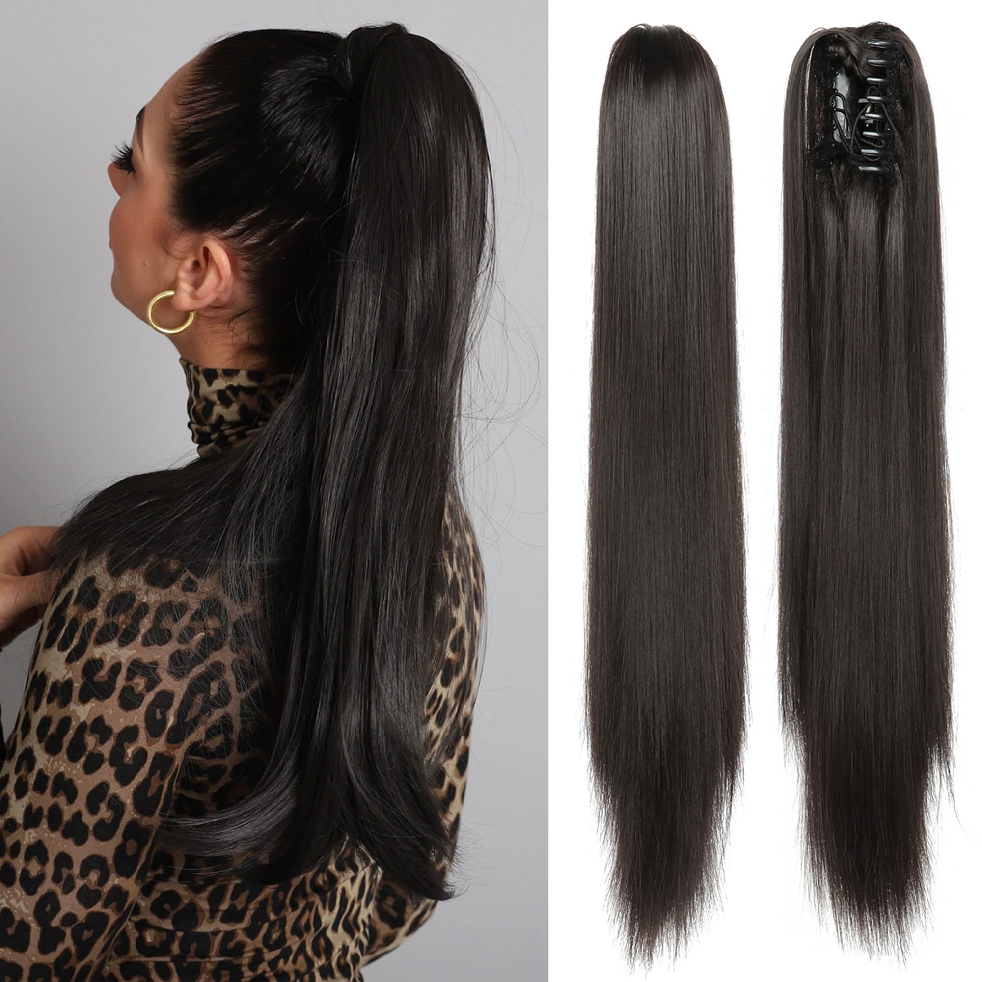 Pferdeschwanz Extensions Dunkelbraun – Clip-In Hairextensions – Brasilianische Ponytail Verlängerung – Haarteil – 60 cm