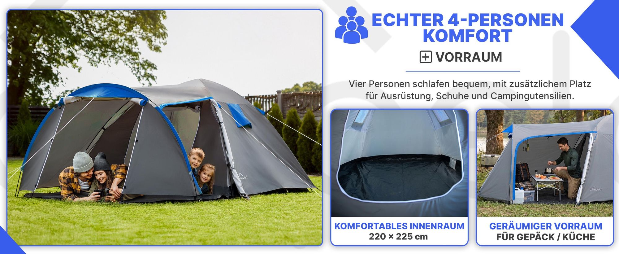 Campela Tropical 4 Familienzelt – 4-Personen-Touristenzelt mit Vorraum, wasserdicht 3000 mm, graues Polyester