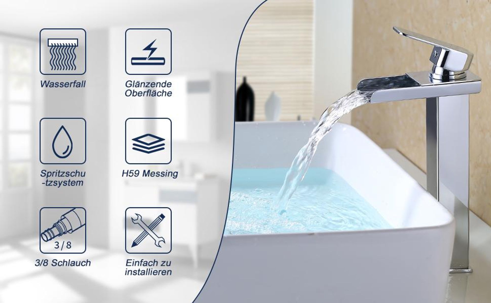 Homelody Wasserhahn Bad Wasserfall Wascbecken Armatur Badarmatur Mischbatterie Bad Waschtischarmatur Waschbeckenarmatur Armatur Einhebelmischer, Chrom