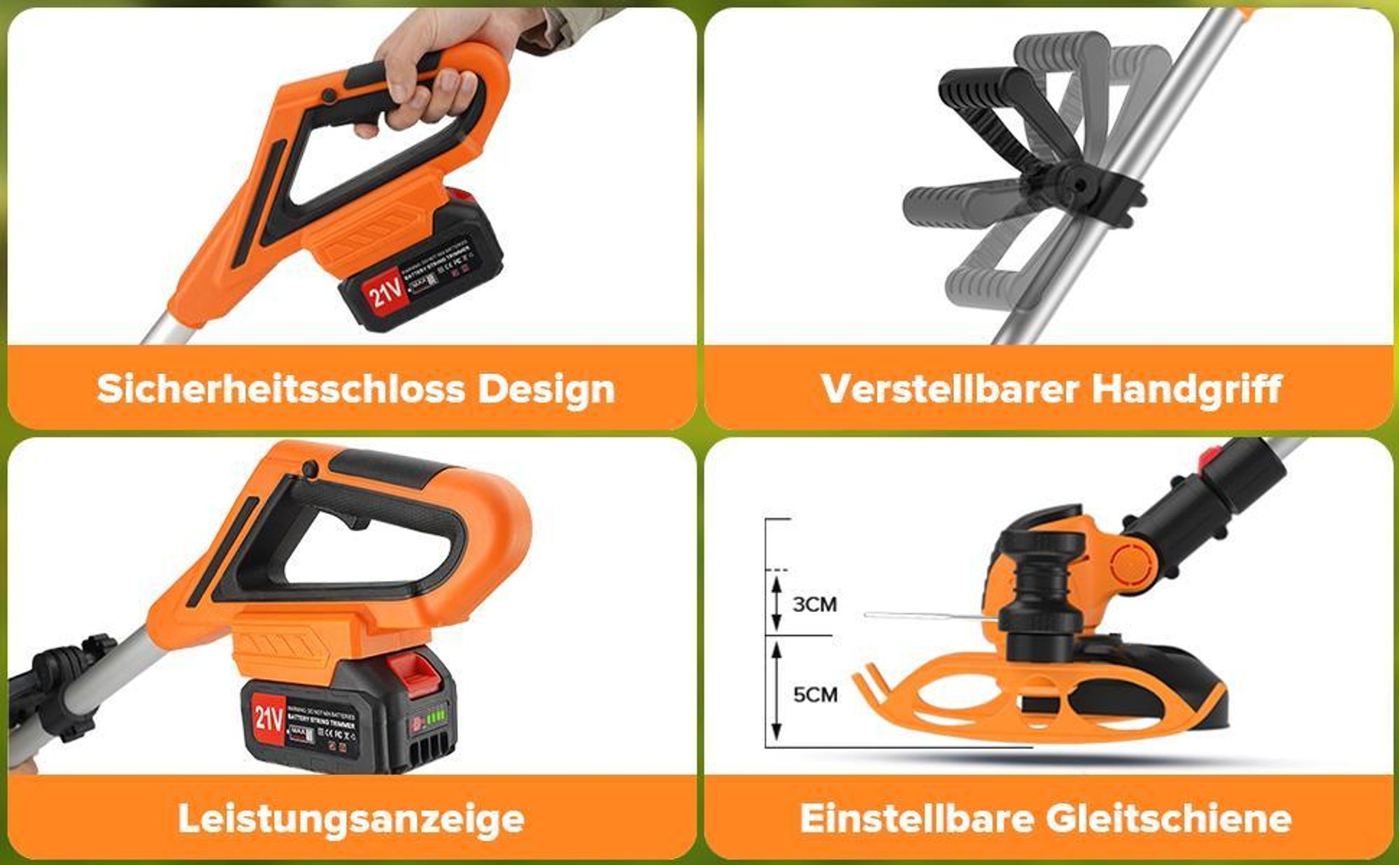 Akku Rasentrimmer, 21V Rasenkantenschneider, Freischneider, mit 2 Batterie und Ladegerät, Einstellbarer Schnitttiefe, für Hof, Garten, Rasen