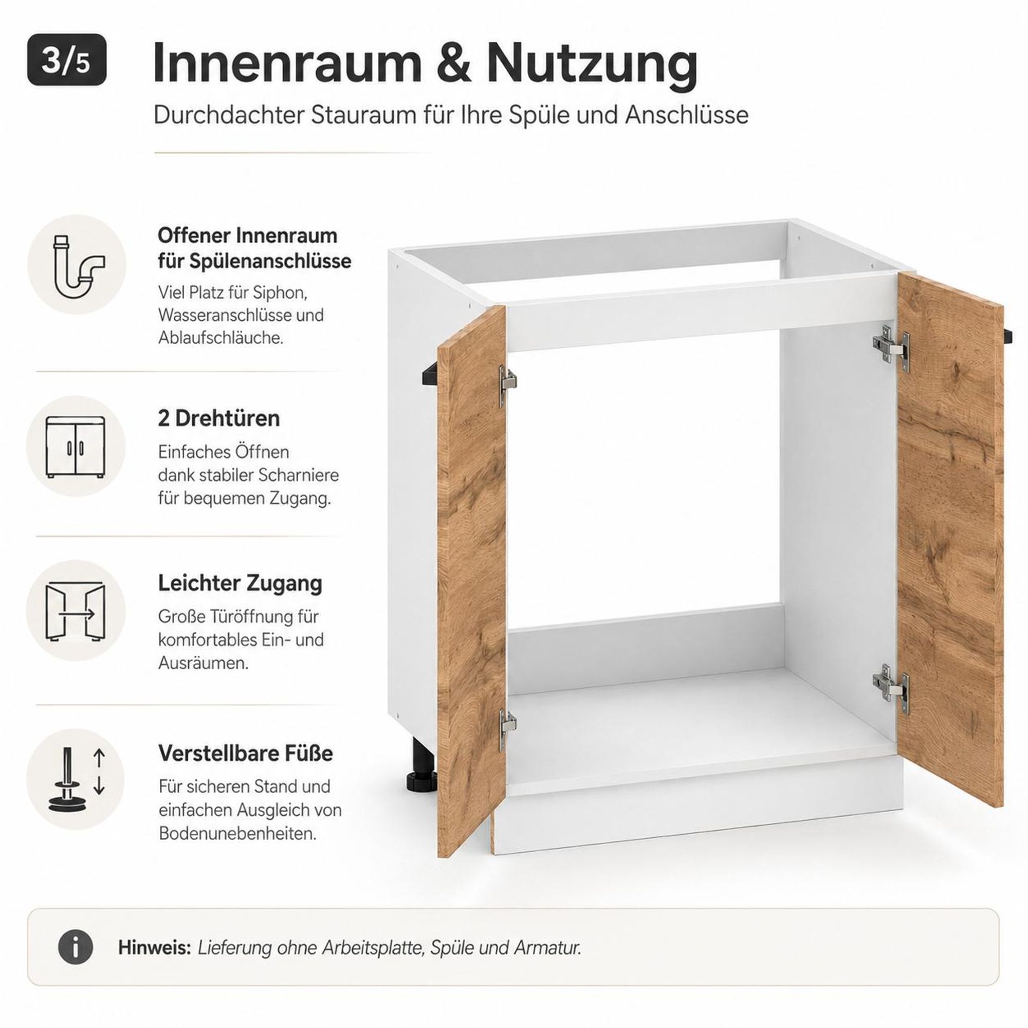 Spülenunterschrank 60 cm Eiche Wotan: Offener Innenraum für Siphon & Anschlüsse.