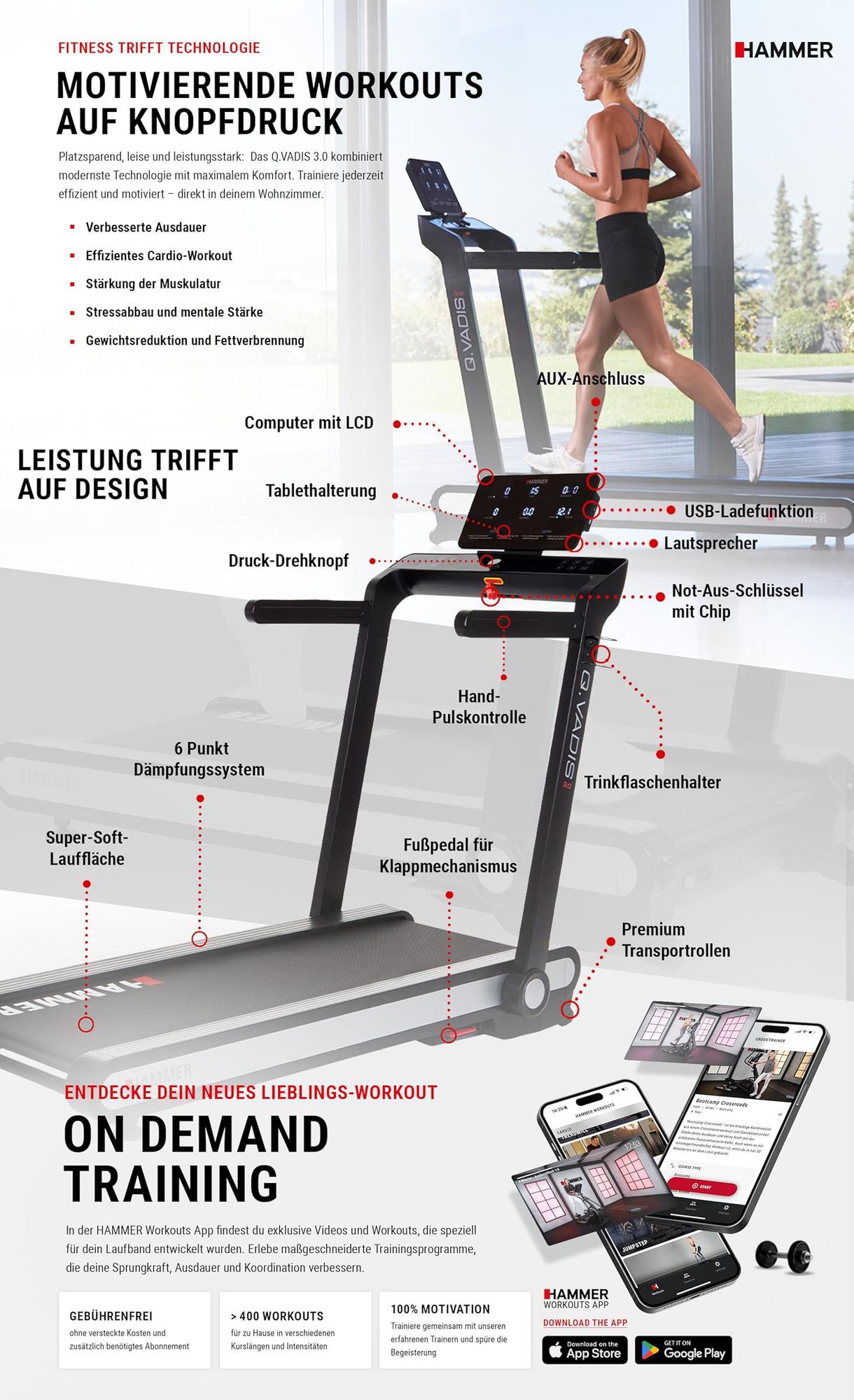 HAMMER Laufband Q. Vadis 3.0, 12 Programme, 5 PS, 18 km/h, Kinomap, Zwift