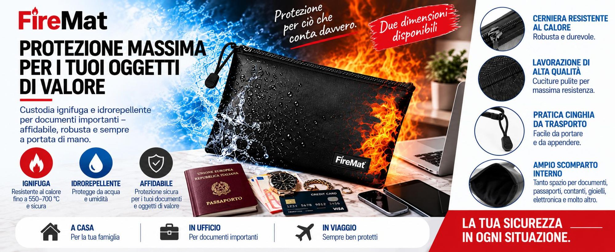 Borsa portadocumenti ignifuga 20x29cm - protezione per oggetti di valore, documenti, telefoni cellulari, passaporti, denaro, titoli e molto altro. Idrorepellente e resistente al calore
