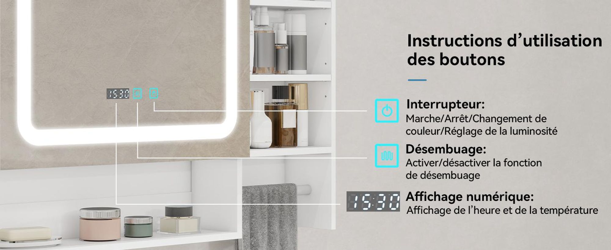 Puluomis armoire de toilette salle de bain 80cm avec 3 couleurs d'éclairage variable, horloge digitale, porte-serviettes, anti-buée armoire de salle de bain murale blanche