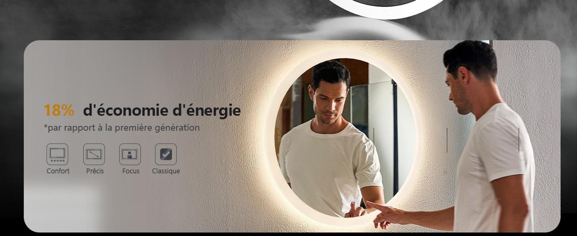 EMKE Miroir de salle de bain rond 50cm avec 3 couleurs de lumière LED + luminosité variable, interrupteur tactile Miroir de salle de bain antibuée et fonction mémoire Miroir mural