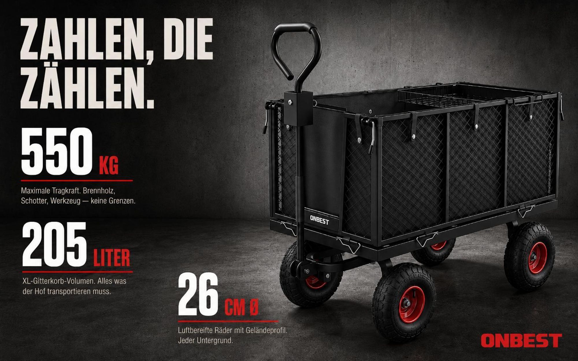 ONBEST Gitter Transportwagen | bis 550 kg | belastbar | 205L | klappbar | Wasserabweisende Innentasche
