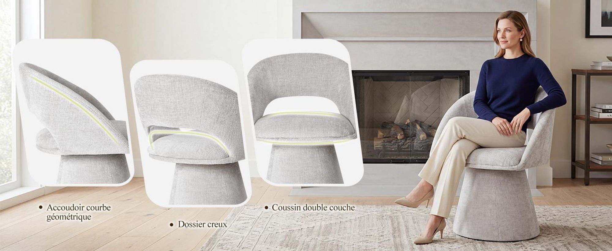 Chaise de salle à manger pivotante à 360° Duhome en tissu chenille, rembourrée, avec dossier creux et accoudoirs, pour la salle à manger, la cuisine et le salon