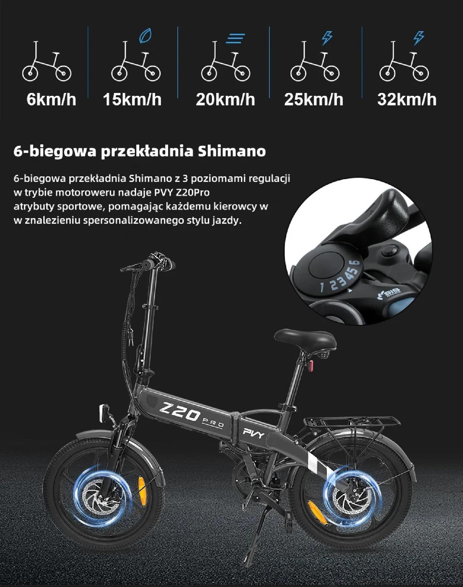 Rower Elektryczny PVY Z20 Pro - Moc 250W Bateria 36V10.4AH Zasięg 80KM Hamulec Tarczowy Mechaniczny - Szary