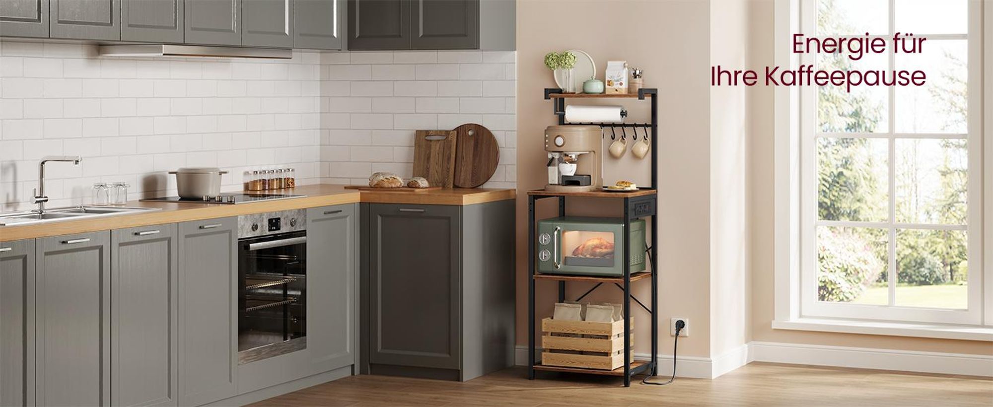 VASAGLE Standregal mit 4 Ebenen, Küchenregal mit Ladestation, 8 Haken, 40 x 45 x 140 cm, braun-schwarz