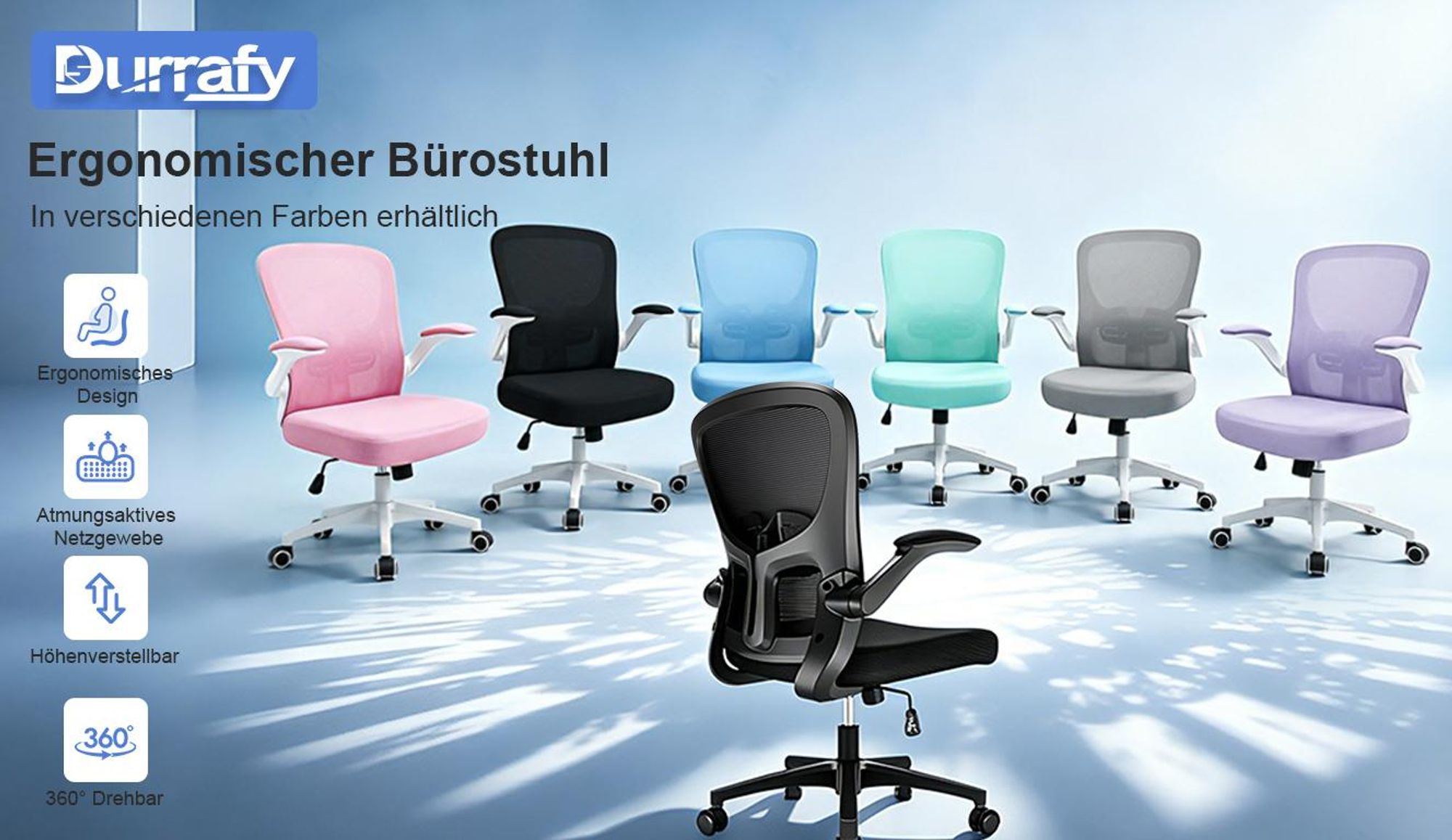 Bürostuhl, Schreibtischstuhl, bürostuhl ergonomisch mit Verstellbaren Armlehnen, höhenverstellbar,S-förmige Lendenstütze,Chefsessel 150kg