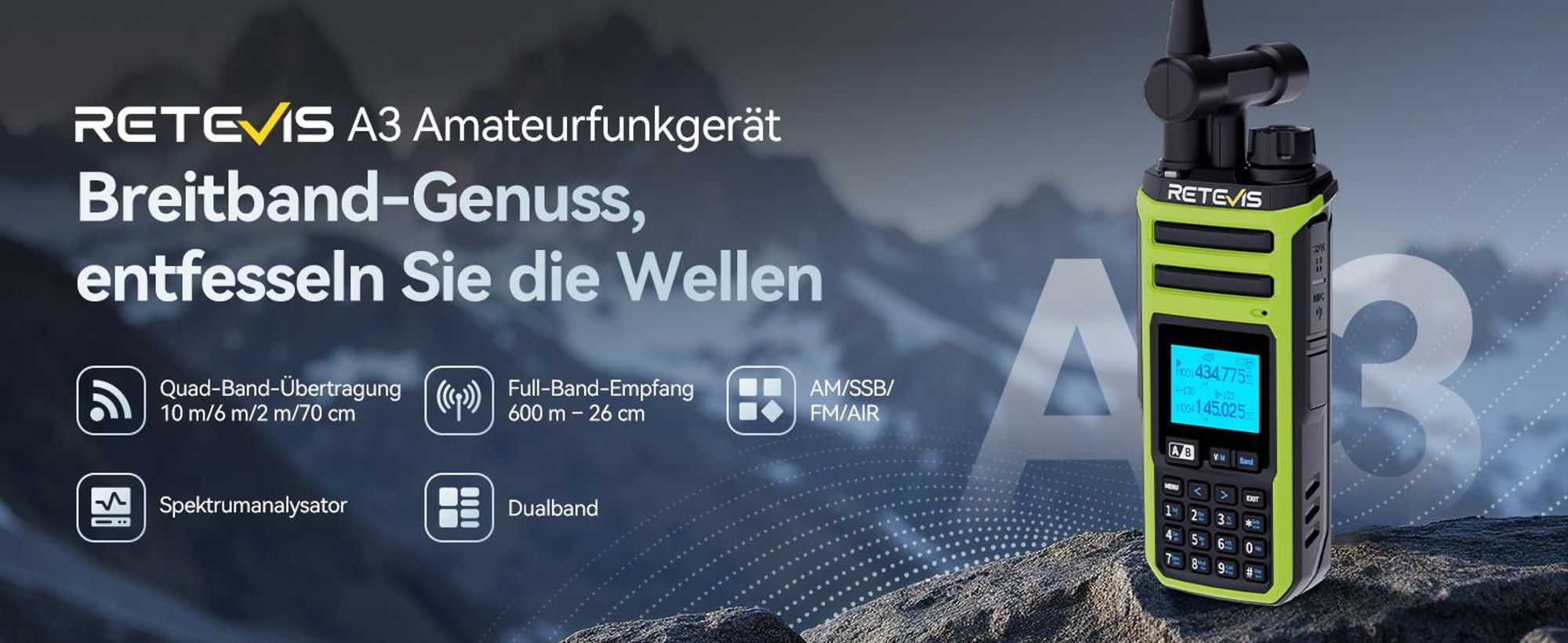 Retevis A3 Funkgerät, Walkie Talkie, Quadband-Amateurfunk, AM/SSB/FM/AIR-Modi, Dual Channel, 2500 mAh, mit Einstellbarer Leistung, für Jagd, Camping