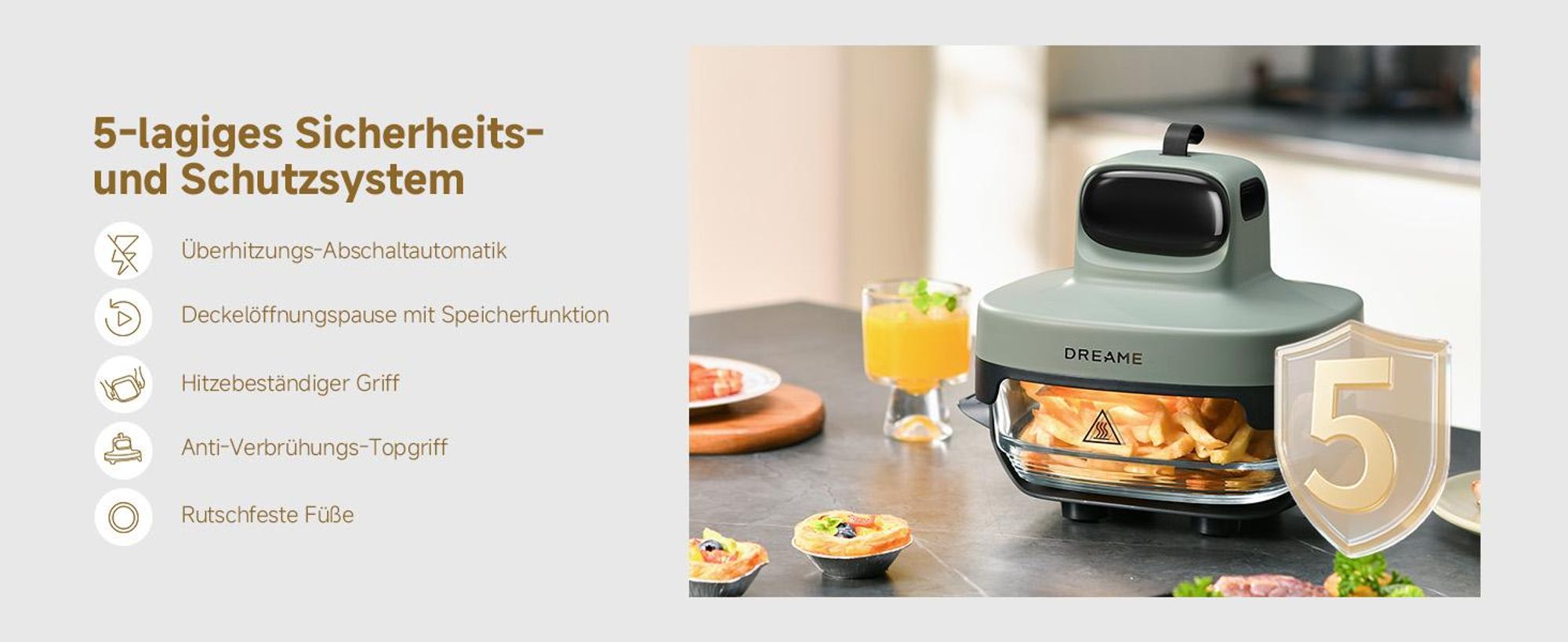 Dreame Tasti AirFryer 5-in-1 Heißluftfritteuse, 6mm starkes,tragbares Borosilikatglas,3D-Heißluftzirkulation,spülmaschinenfest,360° Sicht,2.5l ,Grün