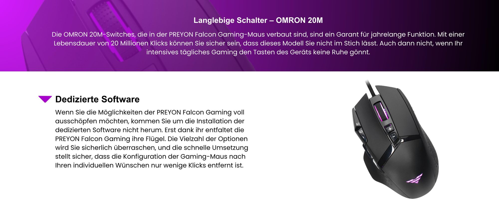 PREYON Falcon Gaming Spielmaus Robuste Gaming-Maus - Sensoren Pixart PAW 3327 - Schwindelerregende 12400 DPI - RGB Beleuchtung - Schalter Omron 20M - Software - Gummigriffe
