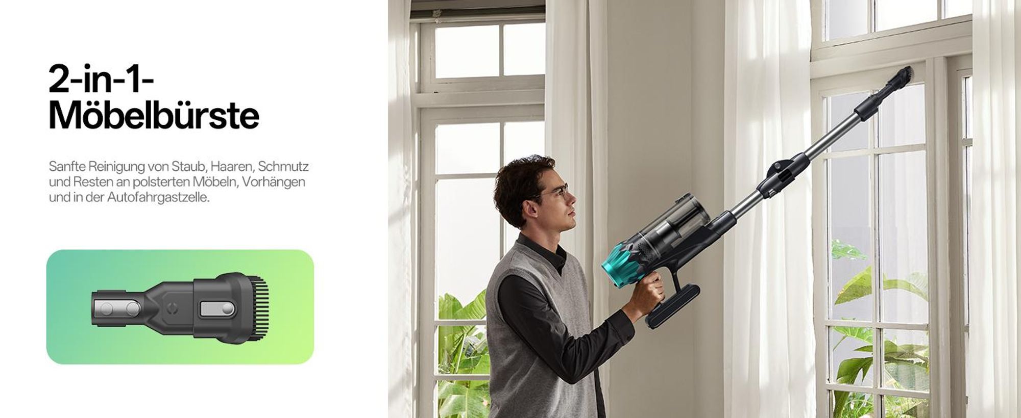 Vactidy V15 MAX Akku Staubsauger mit Wischfunktion, 76KPa/ 600W/65Min Staubsauger Kabellos, Knickrohr, Wandladestation, GreenEye