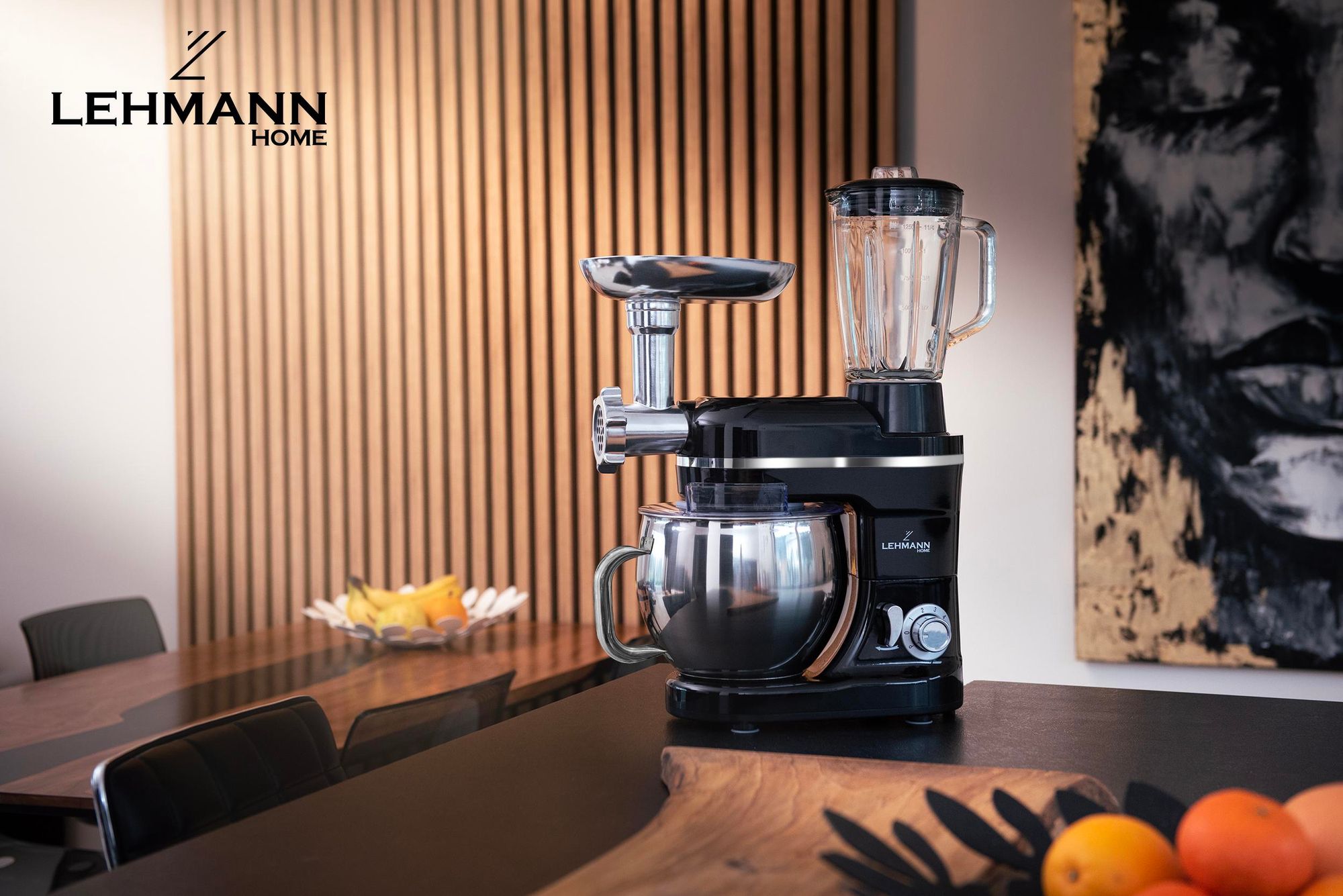LEHMANN Impastatrice Planetaria Multifunzione con tritacarne e frullatore a caraffa, Ciotola 5L, set di accessori, Nero