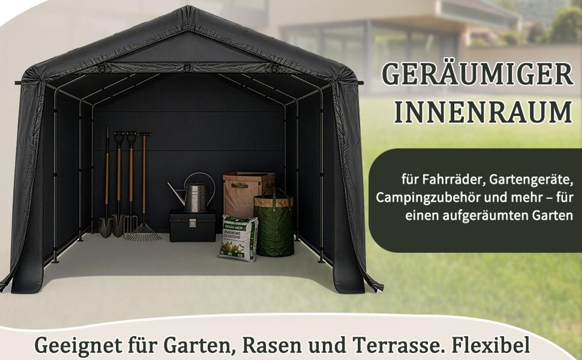 FCH 240X360X205CM Gerätehaus Garagenzelt Carport Folienzelt Gartenschuppen Fahrradgarage Lagerzelt Foliengerätehaus Geräteschuppen Gerätehaus，Schwarz
