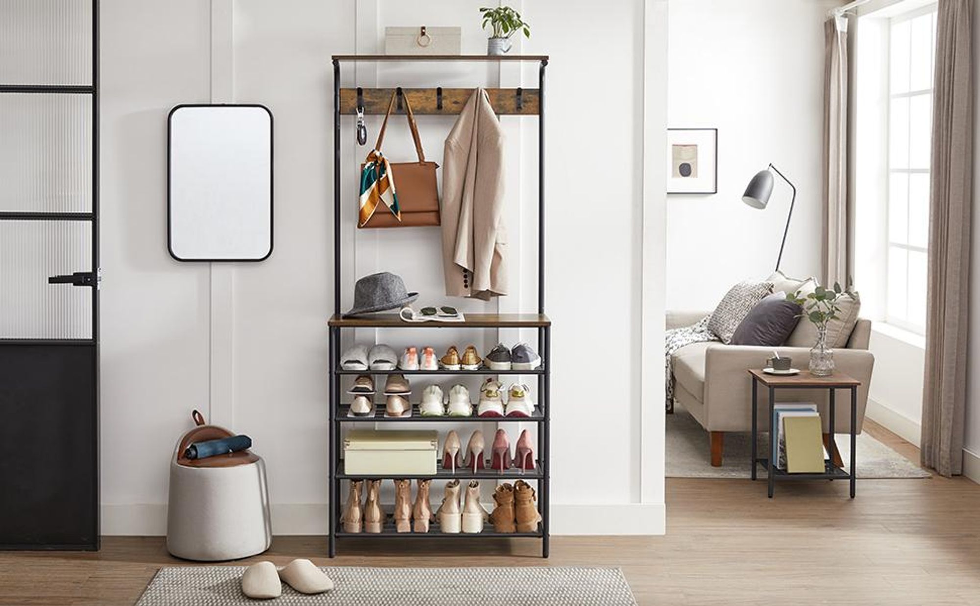 VASAGLE Garderobenständer, Kleiderständer, Garderobe mit 5 Doppelhaken, Schuhregal mit 5 Ebenen, eine Ablage oben, für Wohnungen, Schlafzimmer, Flur, Industrie-Design, vintagebraun-schwarz HSR408B01