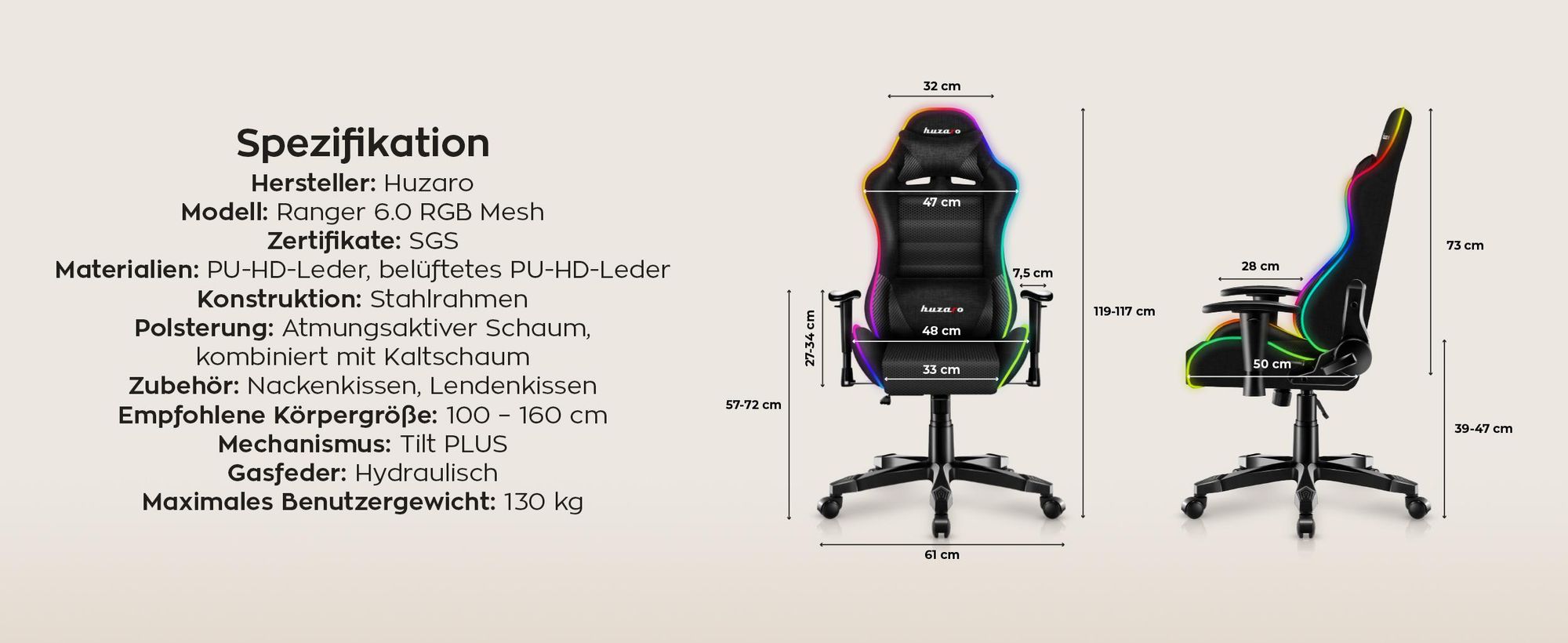 Huzaro Kinder Schreibtischstuhl Ranger 6.0 Gaming Stuhl Racing Sessel Bürostuhl Drehstuhl Gamer bis 130 kg RGB Led Schwarz