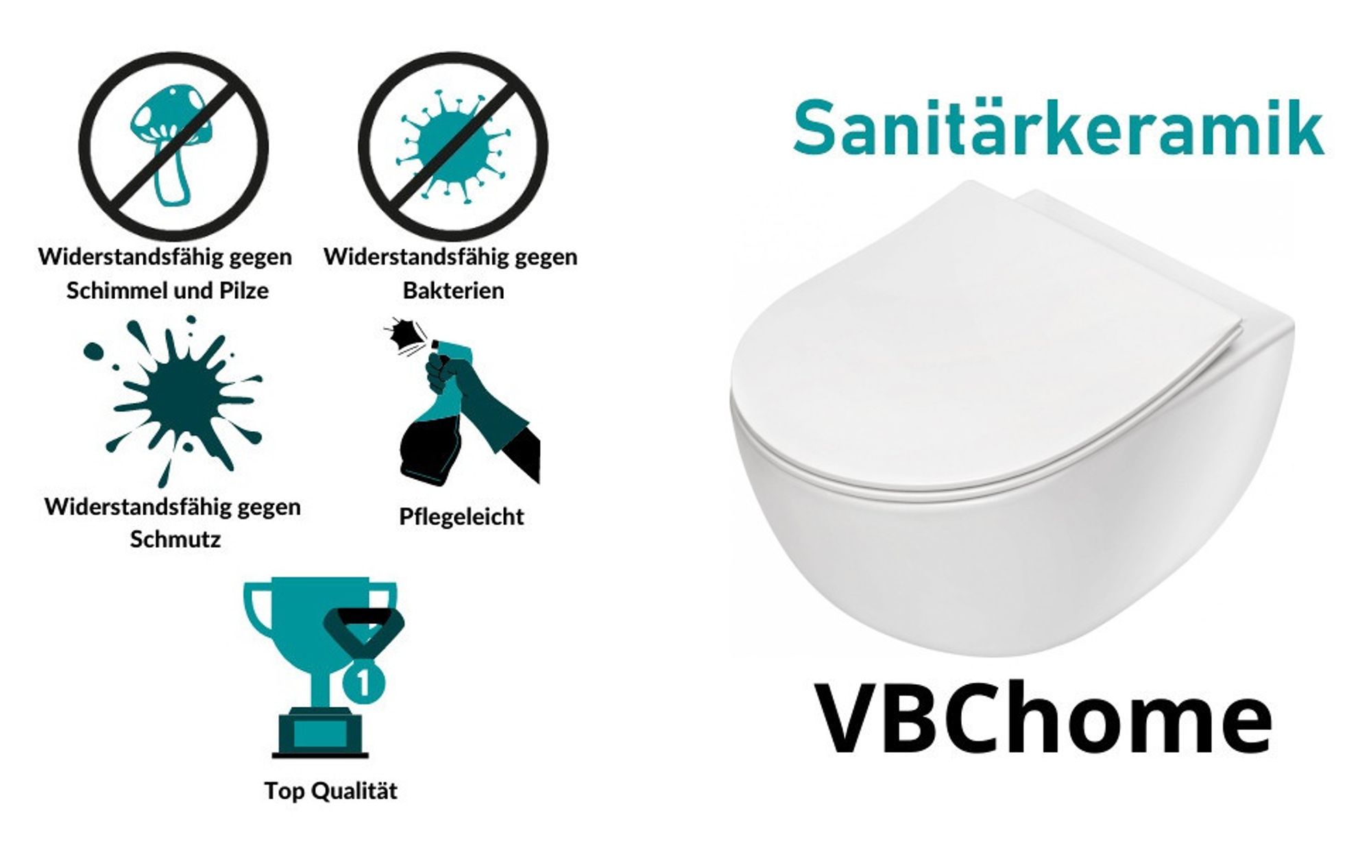VBChome Hänge-WC Spülrandloses aus Keramik mit Toilettendeckel WC-Sitz aus Duroplast Absenkautomatik Rimless SoftClose-Funktion Tiefspüler Toilette