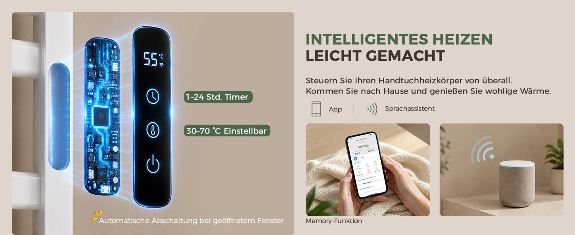 S'AFIELINA Handtuchheizkörper elektrisch mit Ablage 700×600 233W Weiß,Elektrischer Handtuchwärmer mit WLAN-App-Steuerung, Kohlefaser-Heizung