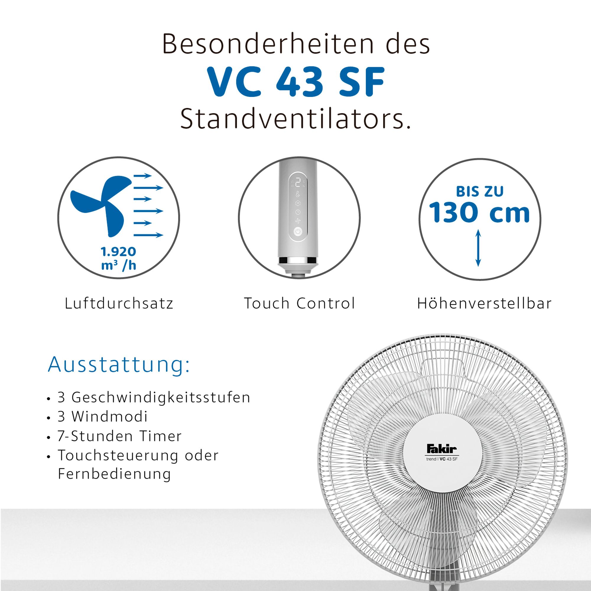 Fakir VC 43 SF trend Standventilator, 44 cm Korbdurchmesser, sehr leise, Oszillation, verstellbar, Fernbedienung, Touch-Steuerung, Timerfunktion
