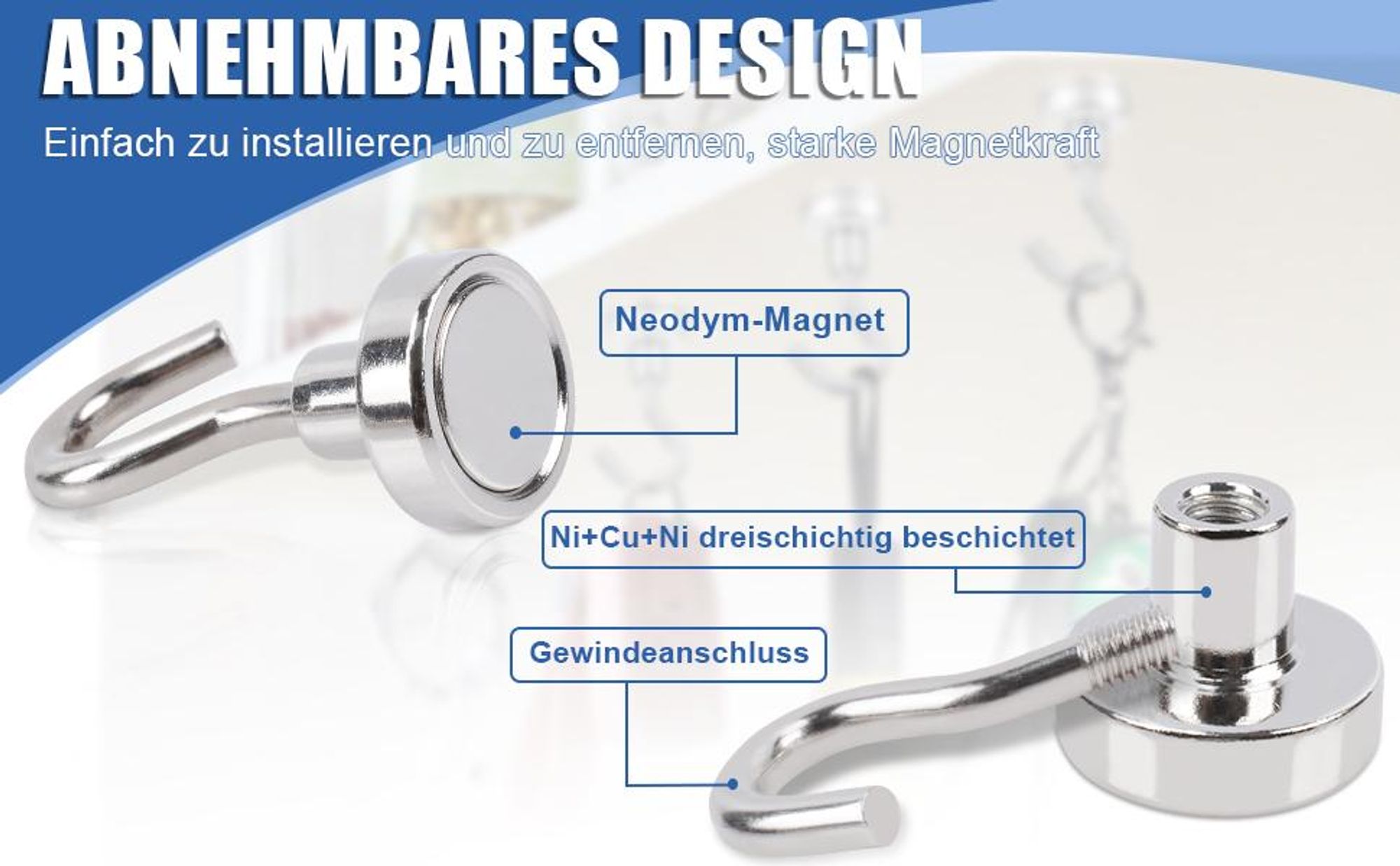 Magnethaken, 20 Stück Starke Magnete mit Haken, 22 lb+, Magnetischer Schlüsselhalter, 22 lb+ Starke Magnethaken für Kühlschrank, Küche, Garage