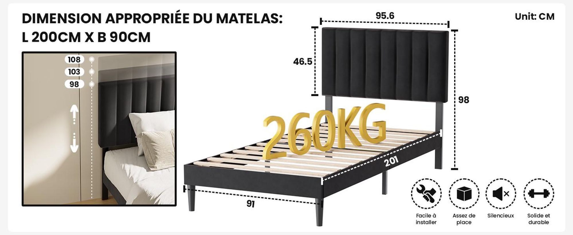 Lit rembourré 90 x 200 cm, sommier avec tête de lit réglable en hauteur et lattes, cadre de lit robuste, jusqu'à 300 kg, lit rembourré, noir
