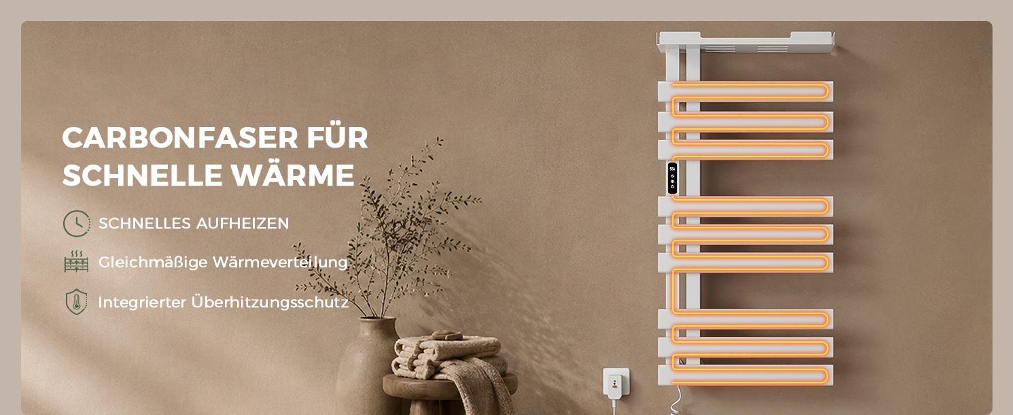 S'AFIELINA Handtuchheizkörper elektrisch mit Ablage 1050×500 mm 335W Weiß,Smart Handtuchwärmer mit WLAN-App, Carbonfaser-Heizung, 6 Heizmodi