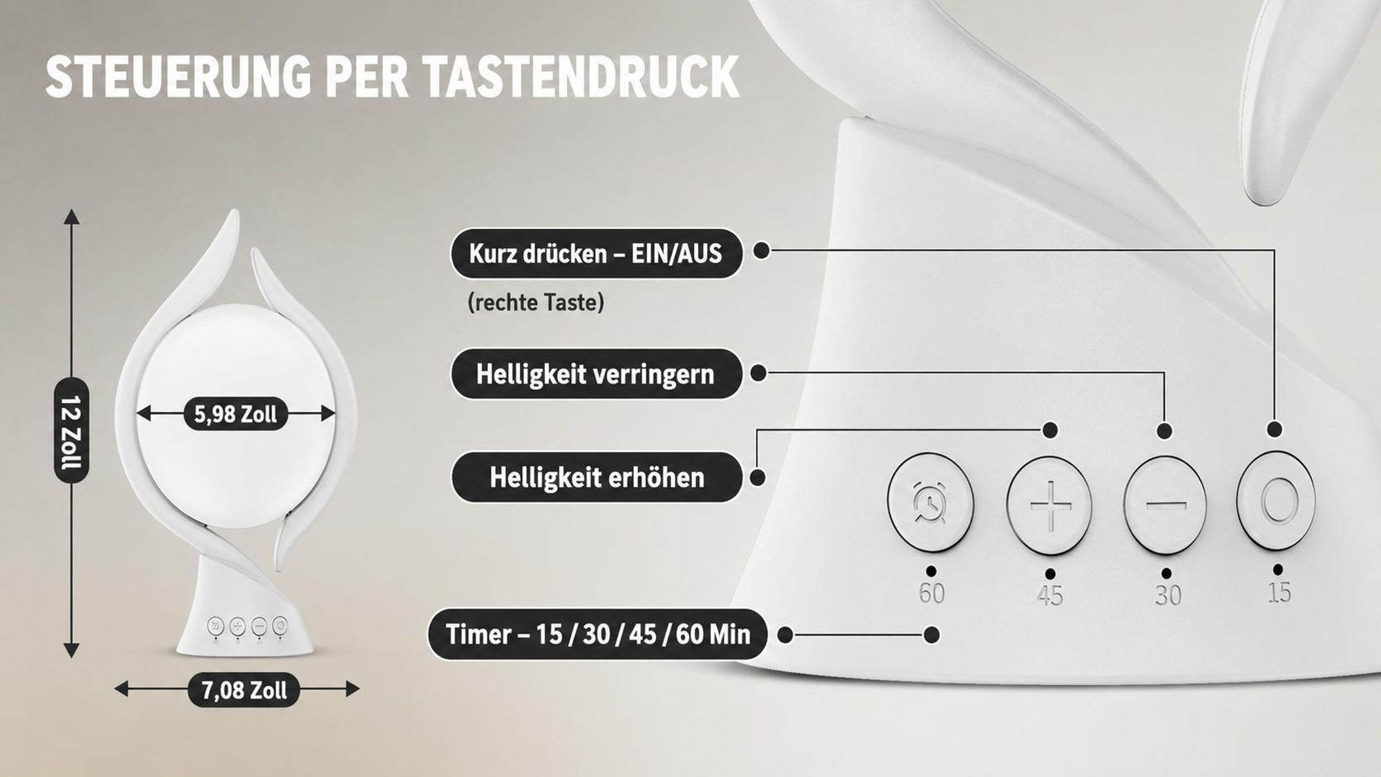 Tageslichtlampe 10000 Lux, Lichttherapielampe mit 3 Lichtfarben 4 Timer 5 einstellbare und Memoryfunktion Lichtintensität, Sonnenlicht Lampe (Weiß)