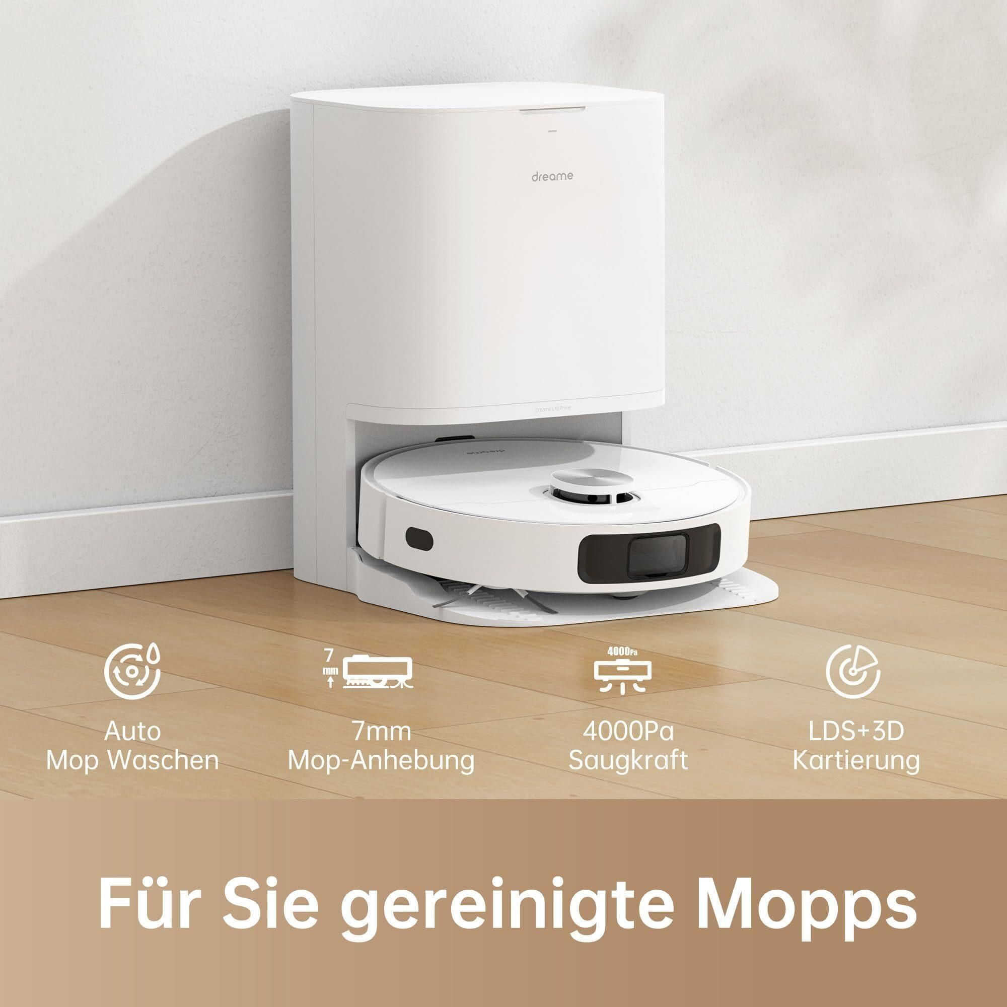Dreame L10 Prime staubsauger roboter mit wischfunktion,selbstreinigendem Wischmopp,LDS-Navigation,4000 Pa Saugleistung, selbstreinigend, Weiß