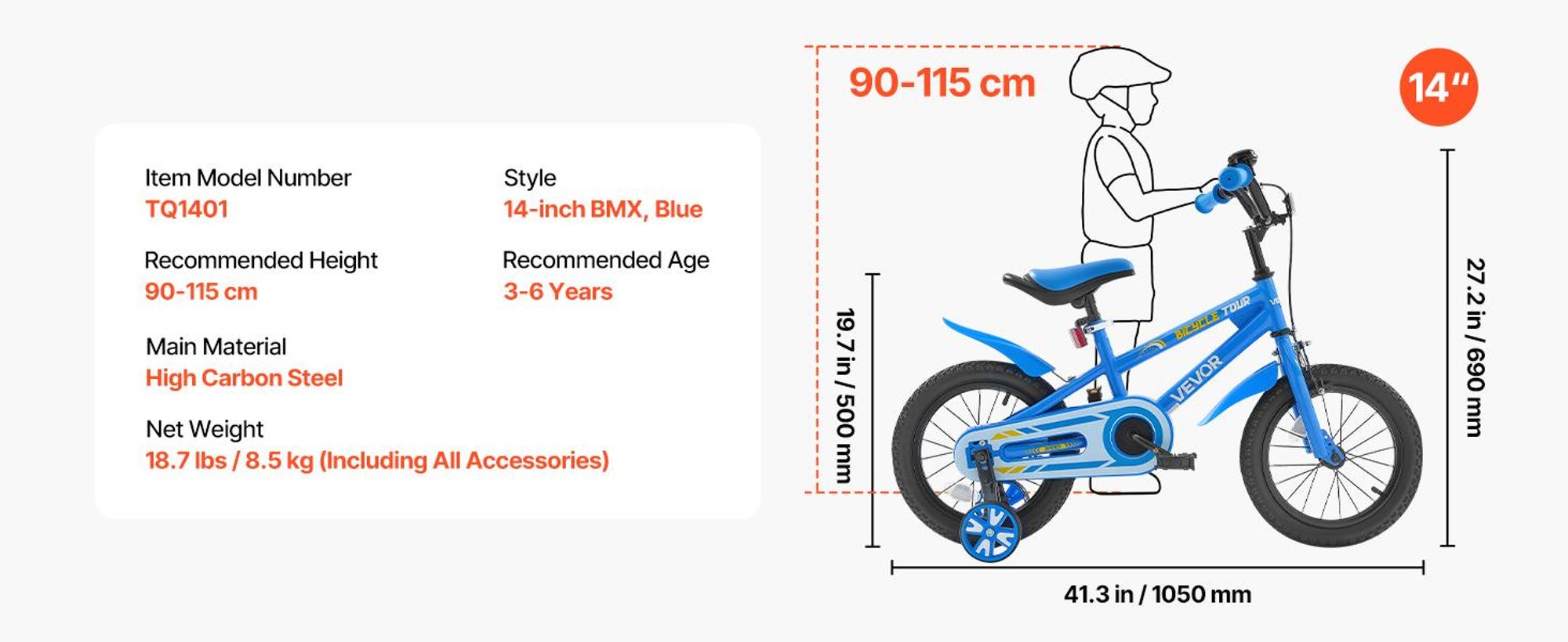 VEVOR Kinderfahrrad, 14 Zoll BMX-Stil-Fahrrad, empfohlene Kindergröße 95-116 cm, Stützräder inklusive, 4-8 Jahren Kinder, Kleinkinderfahrrad für Jungen und Mädchen zum Fahrradlernen, blau