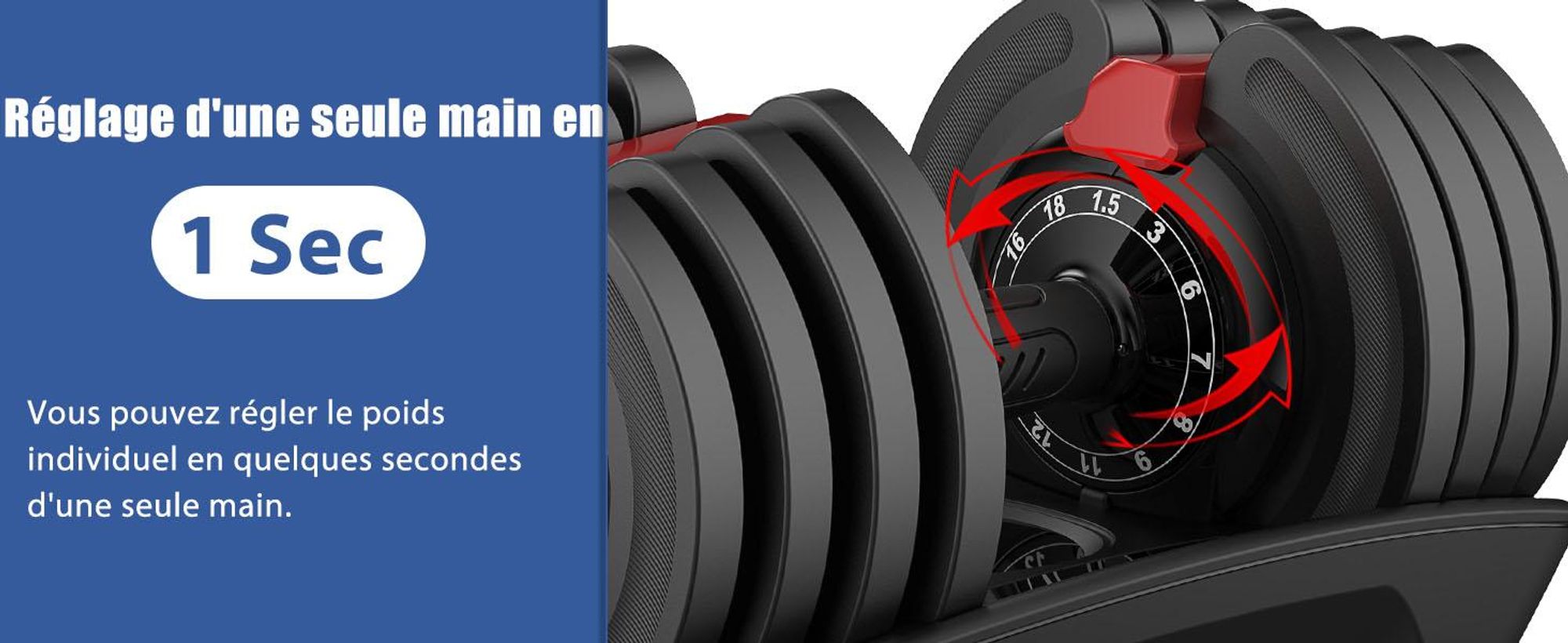 DH FitLife Haltères réglables 18 kg (Lot de 2) - 12 niveaux de poids, Poids variable 12 en 1, Disques inclus, Haltères ajustables courts