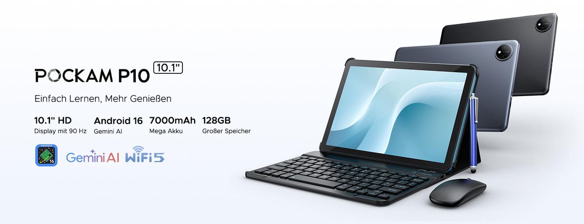 POCKAM P10 48(8+40)GB+128GB, 10 Zoll, Android 16, 7000mAh, mit Tastatur/Maus/Stift/Hülle usw, BT5.0, 5G WiFi, Gemini AI, 3.5mm Kopfhöreranschluss