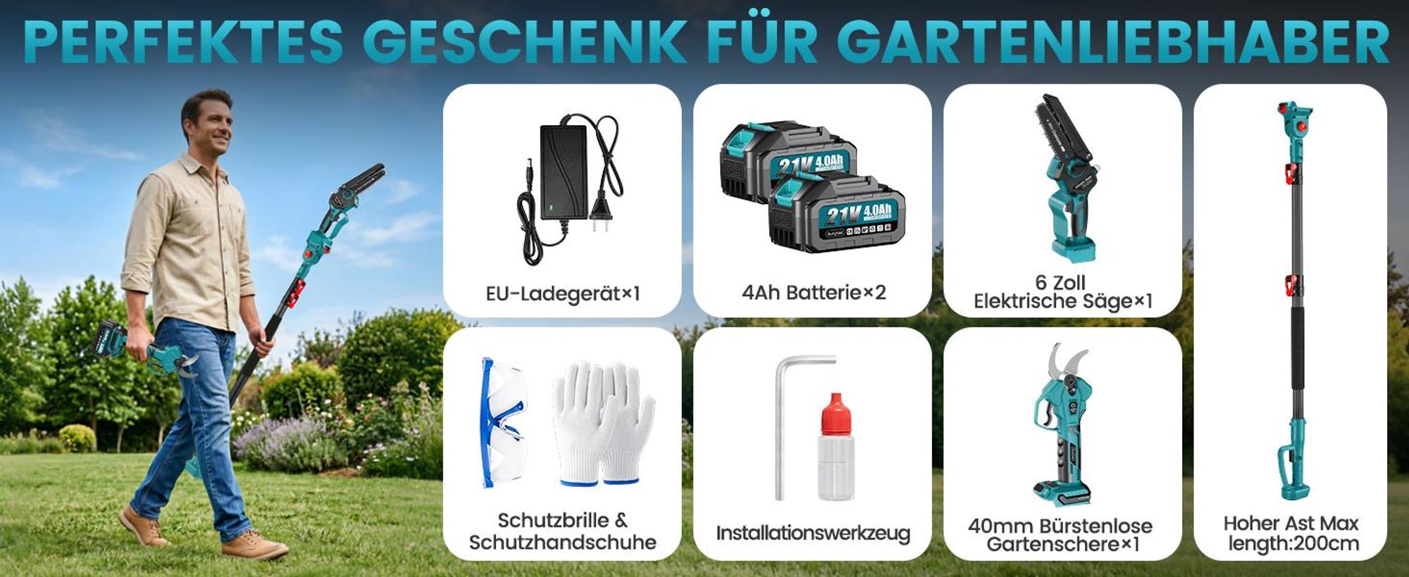 Akku Hochentaster 4in1 Akku Gartenset Bürstenloser Motor 6 Zoll Akku Kettensäge Akku Hochentaster Astschere 40mm Teleskopstange 2x4000mAh Akkus
