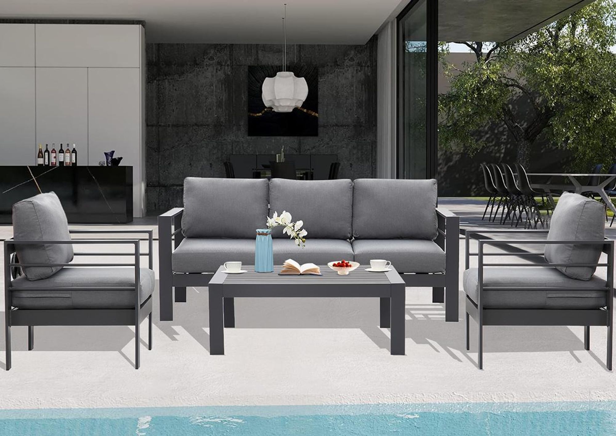 MeXo Gartenmöbel Set Beige Aluminium 6-7 Personen outdoor wetterfest, 12cm Deluxe Relax-Sitzkissen, Gartenlounge-Set 5-tlg. mit 8 cm breite Armlehnen