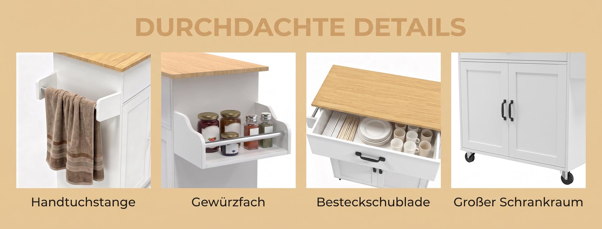 ROSEJANE Küchenwagen mit Holz-Arbeitsplatte, Servierwagen auf Rollen mit Schublade, Schrank & Gewürzregal, mobiler Küchenrollwagen, Weiß, 115 x 36 x 90 cm