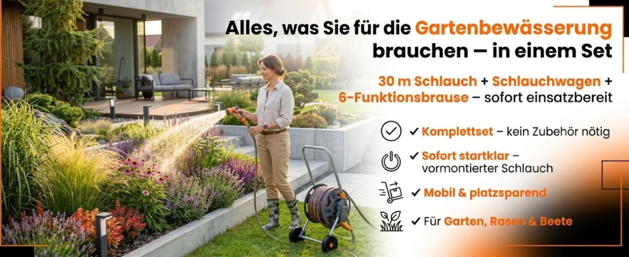 NEO TOOLS Mobiles Gartenbewässerungssystem Komplettset mit Schlauchwagen 30 m Gartenschlauch 1/2 Zoll und 6-Funktionen