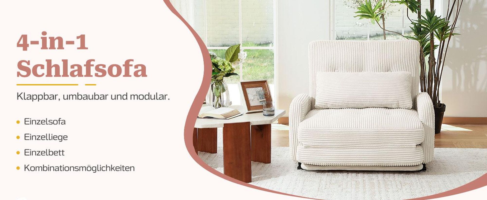 Bodenhohes Sofa,- mit Schlaffunktion, erhältlich in verschiedenen Farben, moderner Cordstoff, Elfenbeinweiß