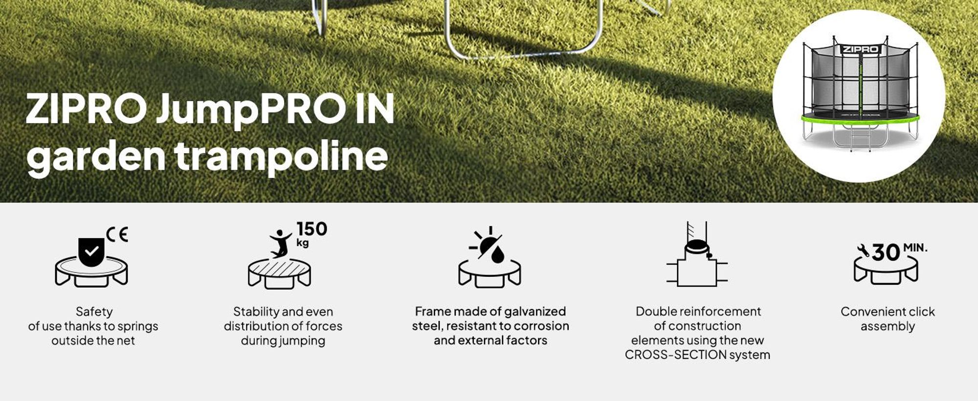 ZIPRO trampolína Jump Pro IN | 8FT Ø 252 cm | Záhradná trampolína Detská trampolína Kompletná sada vrátane vnútornej siete, rebríka a krytu okraja, vonkajšia, zelená