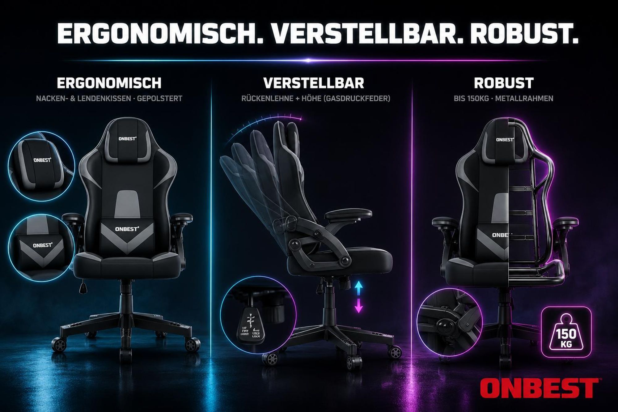 ONBEST Gaming Stuhl | Ergonomisch | mit Lordosenkissen | 150 kg | 360° | verstellbare Armlehnen Kopfstütze Rückenlehne