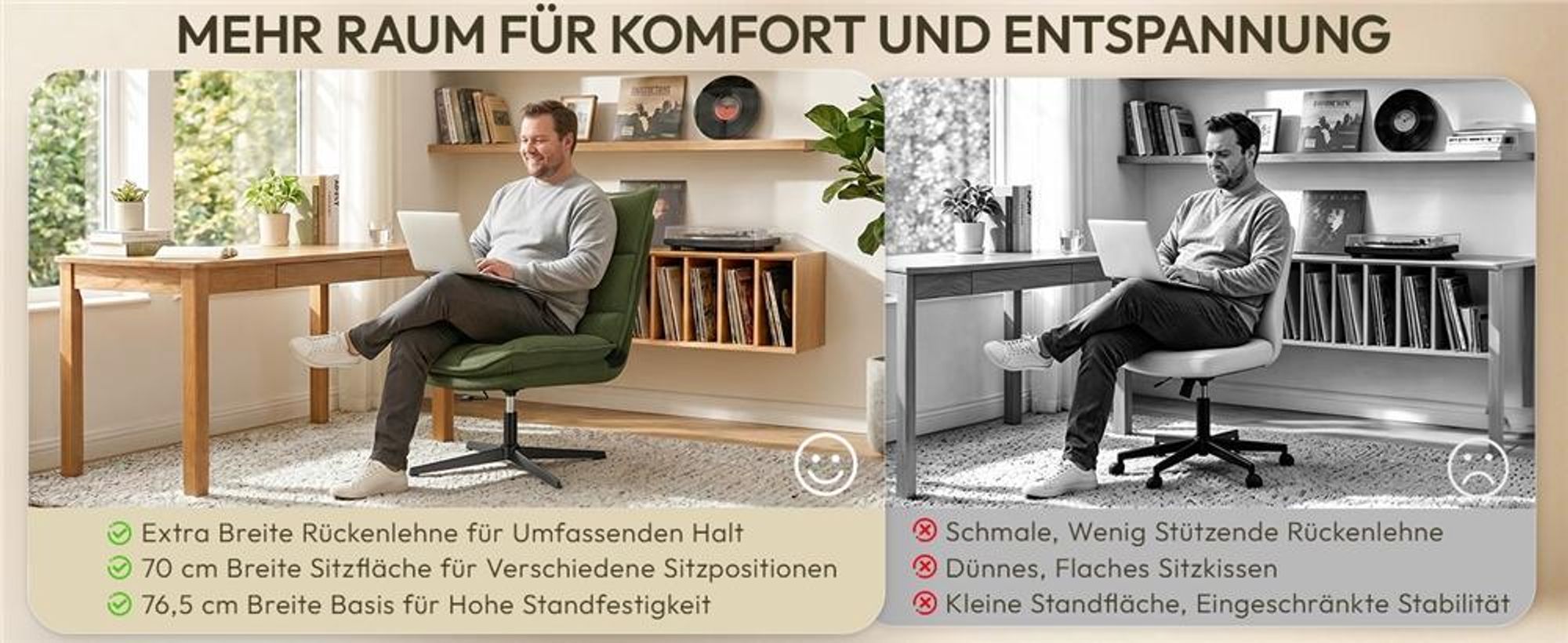 Yaheetech Bürostuhl mit breiter Sitzfläche aus Cordstoff, drehbarer Sessel Loungesessel, neigbar, höhenverstellbar, ohne Armlehnen & Rollen, Grün