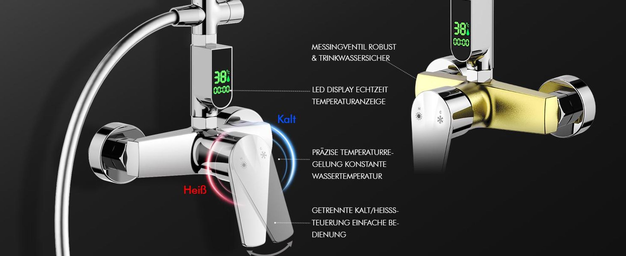 Homelody Duschsystem mit armatur, duscharmatur komplettset mit LED-Anzeige, regendusche mit 250MM kopfbrause und Handbrause, Chrom