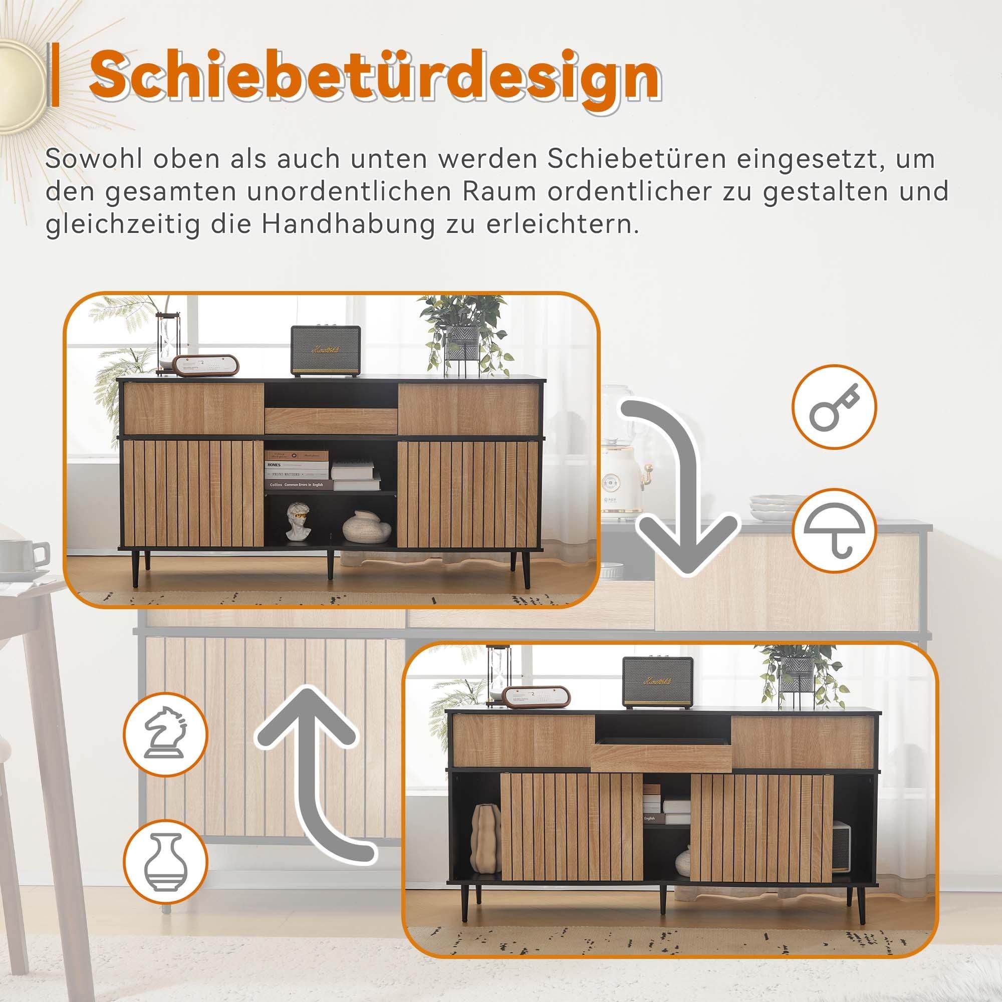 MERAX Sideboard mit Schublade und 4 Schiebetüren, Kommode im Industriestil Anrichte mit viel Stauraum, mit verstellbaren Einlegeböden & Kippsicherung
